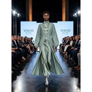 Veiled New York Sage Green Open Abaya Dress Size S Reg Balloon Sleeve Modest